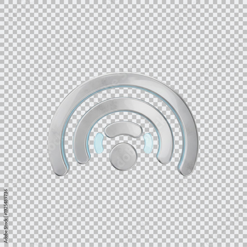 3D silver Wi-Fi symbol with curved waves and a central circle, metallic design.