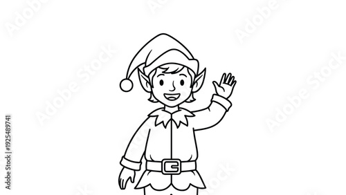 Black and white line art drawing of a friendly Christmas elf wearing a festive hat and costume waving happily for holiday coloring pages.