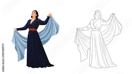Artistic illustration of a female opera singer performing in a long dark blue gown with flowing light blue silk drapes held in her arms.