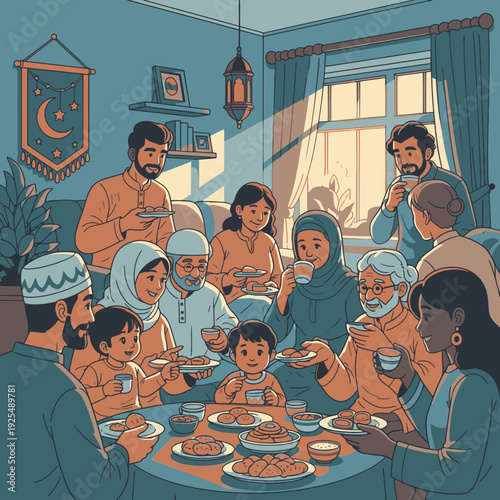 A diverse family gathers for a meal.