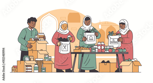 Diverse people packing food donations together.