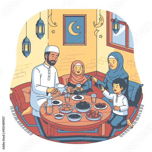 Muslim family breaking fast together.