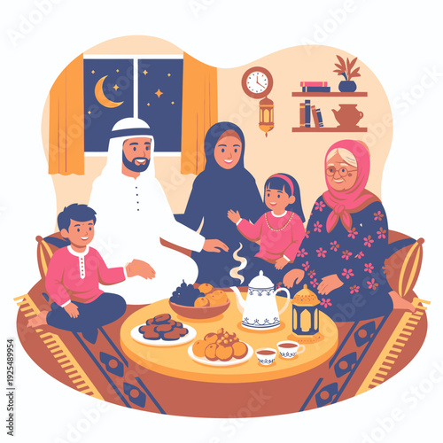 A Muslim family gathering for iftar during Ramadan.