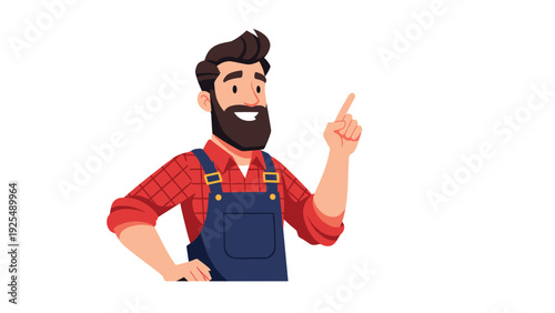 Cheerful male handyman with a beard wearing a red plaid shirt and blue overalls pointing his finger upward while smiling at the camera.