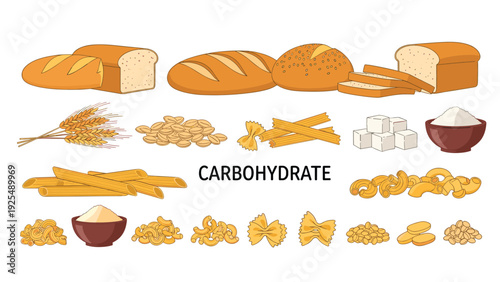 Assortment of carbohydrate rich foods including different types of bread, wheat stalks, pasta varieties, sugar cubes, and bowls of flour.