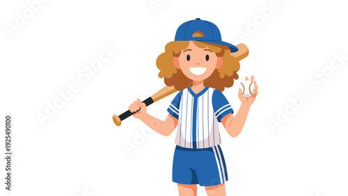 Young female baseball player with curly hair wearing a blue and white uniform holding a wooden bat and a baseball while smiling happily.
