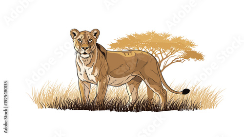 Majestic lioness standing alert in the tall dry grass of the African savanna with a single acacia tree and sun silhouette in the distance.