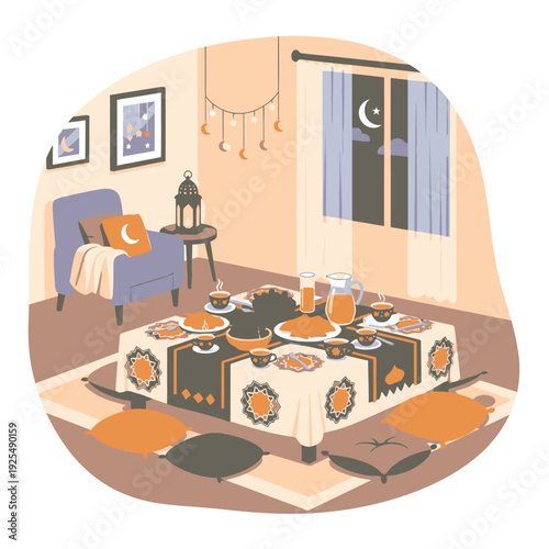 A cozy room with a table set for iftar during Ramadan.