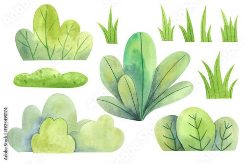 Set of watercolor green bushes and grass. Simple children's illustrations of a green lawn.