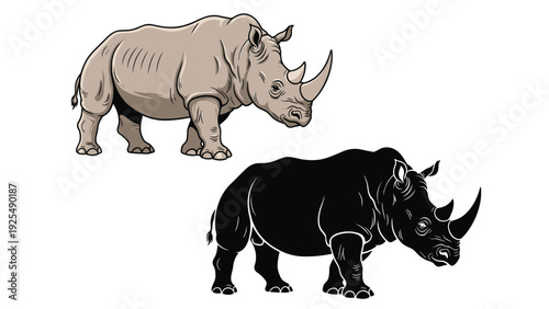 Side view of a large rhinoceros rendered in two styles with a colored version and a solid black silhouette version on a white background.