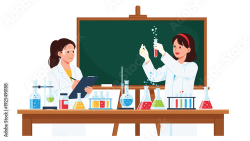 Two female scientists wearing lab coats and safety goggles conducting chemical experiments with colorful liquids in glassware inside a lab.