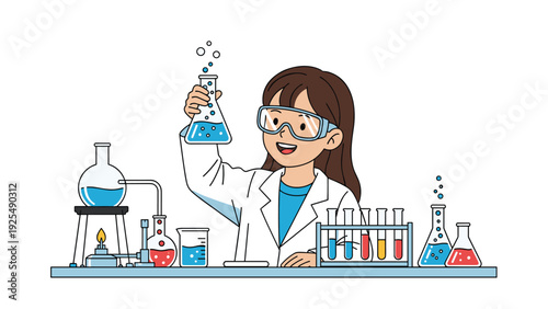 Girl scientist wearing a white lab coat and protective eyewear carefully examining a blue liquid in a glass flask amidst laboratory tools.
