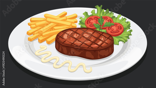 Plate of delicious grilled steak served with golden french fries and a fresh side salad of lettuce and tomatoes on a dark background.