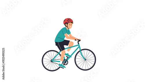 Energetic young boy wearing a red safety helmet and a green t-shirt riding a blue bicycle across a plain white background with a smile.