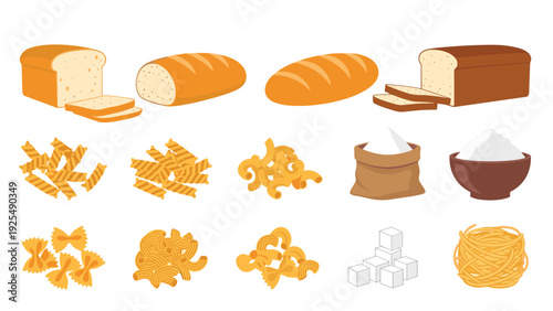 Variety of carbohydrate food items including several loaves of bread, different pasta shapes, flour bags, and sugar cubes on white ground.