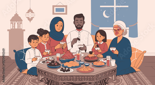 Diverse family breaking fast together during Ramadan.