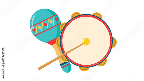 Colorful maraca and tambourine with a drumstick are presented as vibrant musical instruments perfect for rhythm and festive celebrations.