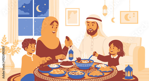 Family breaking fast during Ramadan at home.