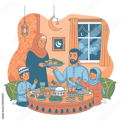 A Muslim family breaking their fast together.