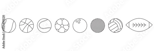 Sports Balls Silhouette Icon Collection Set Vector. Icons of various sports balls including tennis, basketball, soccer, golf and football arranged on white background.