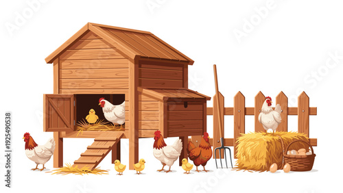 Rustic wooden chicken coop houses several hens and their adorable chicks in a peaceful farmyard setting with hay and a picket fence.
