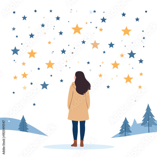 A woman standing alone in a snowy landscape gazing up at a starry night sky illustration