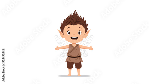 Cheerful young male fairy with translucent wings and pointy ears stands with open arms in a friendly and welcoming pose.