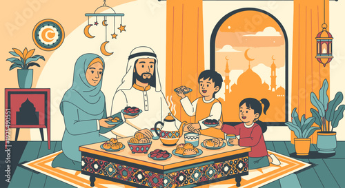 A Muslim family breaking fast together.