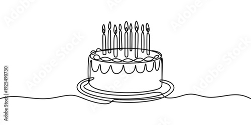 Line drawing of a birthday cake with lit candles on a plate