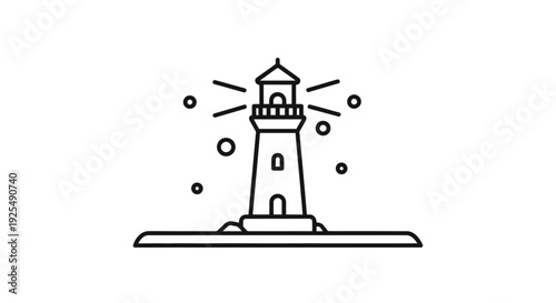 Lighthouse on rocky shore emitting light beams