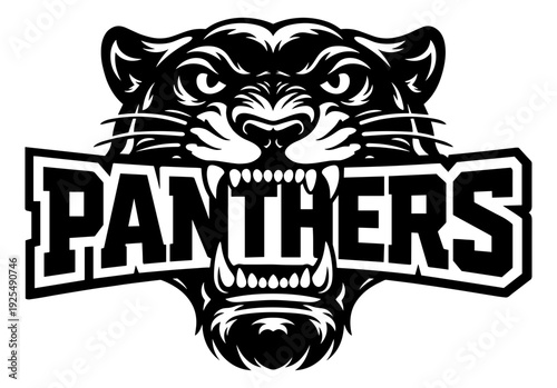Panthers Mascot Sports Logo, Fierce Wild Cat Face With Sharp Teeth, Angry Panther Head Silhouette, Aggressive Jungle Predator Graphic, High School Athletic Team Emblem Illustration