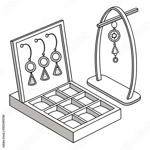 A display of earrings on a stand and in a case