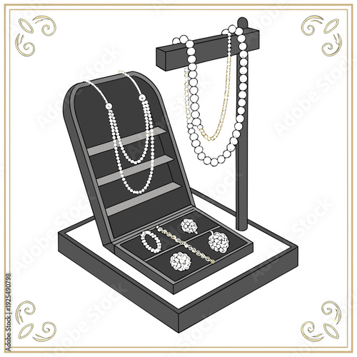 A display of jewelry on a stand and in a case