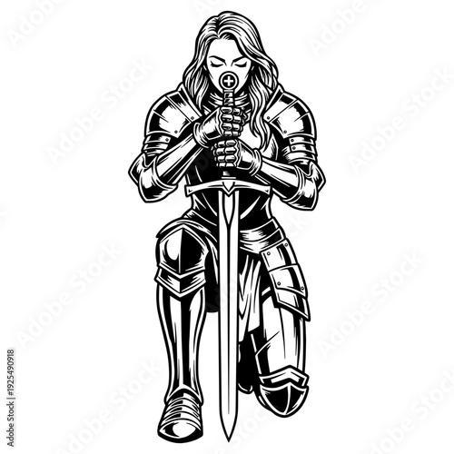 Kneeling Female Knight In Full Armor Holding Sword, Brave Woman Warrior Silhouette, Medieval Paladin Lady Praying, Strong Heroine Fantasy Character Design, Armor Protection Illustration