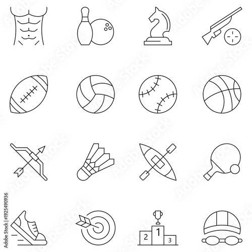 Collection of sports line icon. Containing baseball, badminton, scuba diving, tennis, surfing, training, competition and more. various sport icons depicting different athletic activities. 