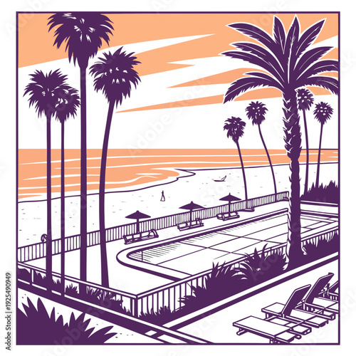 A purple and orange image of a beach with palm trees