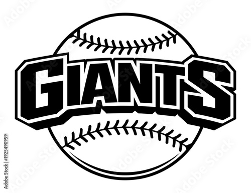Giants Baseball Team Sports Logo, Large Text On Baseball Stitching Background, Athletic League Emblem Design, Major League Baseball Style Silhouette, Sports Fans Apparel Graphic