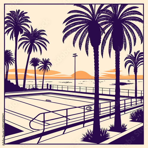 A purple and orange illustration of palm trees near a fenced tennis court