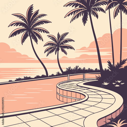 A serene tropical beach scene with palm trees and a winding path