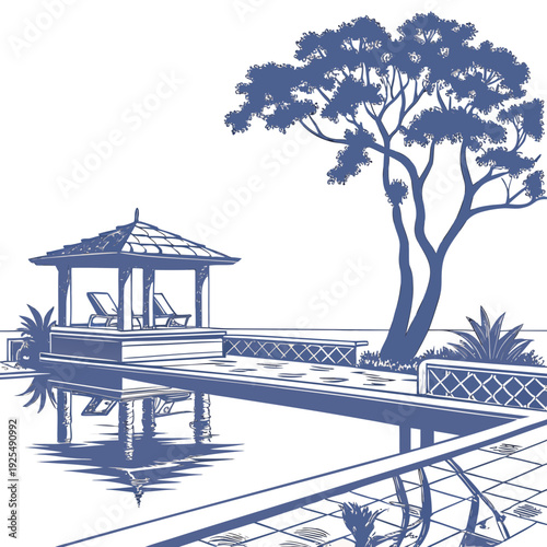 A blue and white drawing of a gazebo on a pier