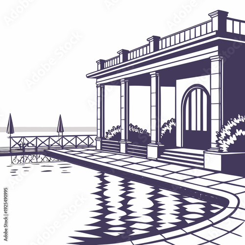 A building with columns next to a body of water