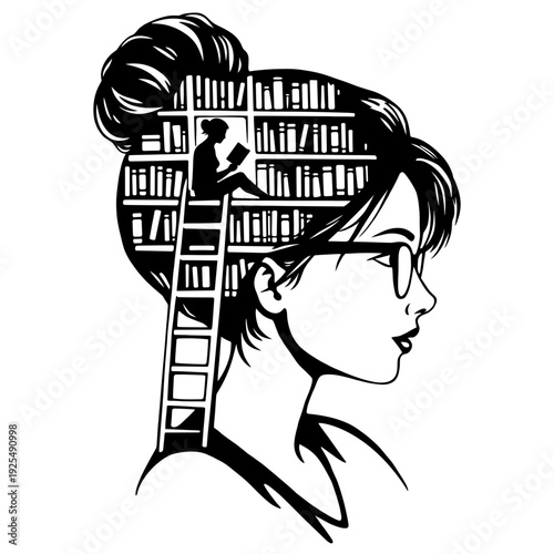 Book Lover Girl Profile Portrait, Woman Reading Book Inside Her Mind Illustration, Librarian And Library Concept Graphic, Intellectual Female Mind Silhouette, Knowledge And Education Art
