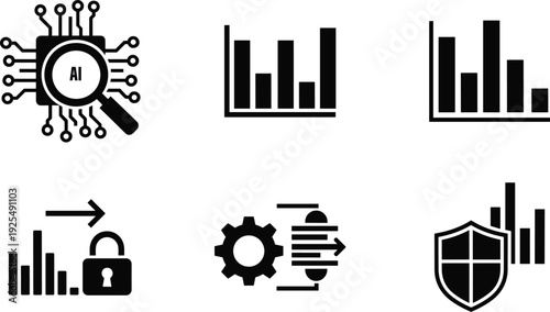 Icons depicting data analysis, security, and system operations in a digital context