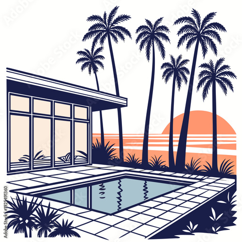 A serene poolside scene at sunset with palm trees