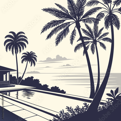 A black and white image of a tropical resort with palm trees