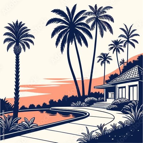 A serene tropical landscape with a house and palm trees
