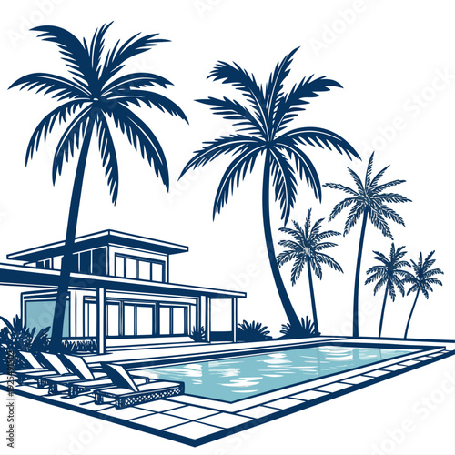 A blue and white drawing of a house with a pool and palm trees