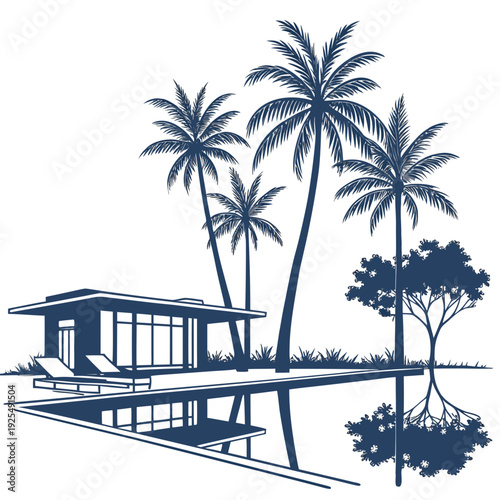 A serene tropical resort with palm trees and a pool