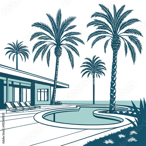 A serene poolside scene with palm trees and a modern house