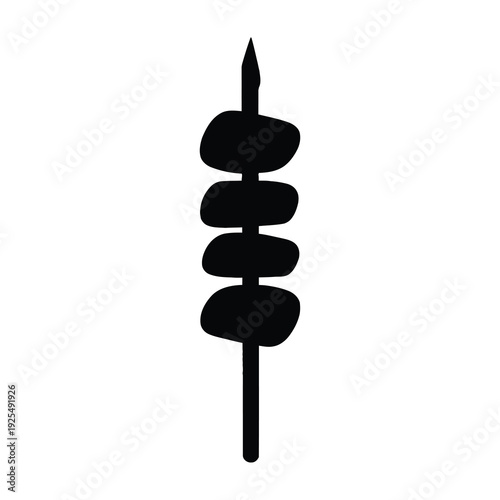 Black silhouette of a skewer with four rounded oval shapes on a stick against a white background representing food and cooking